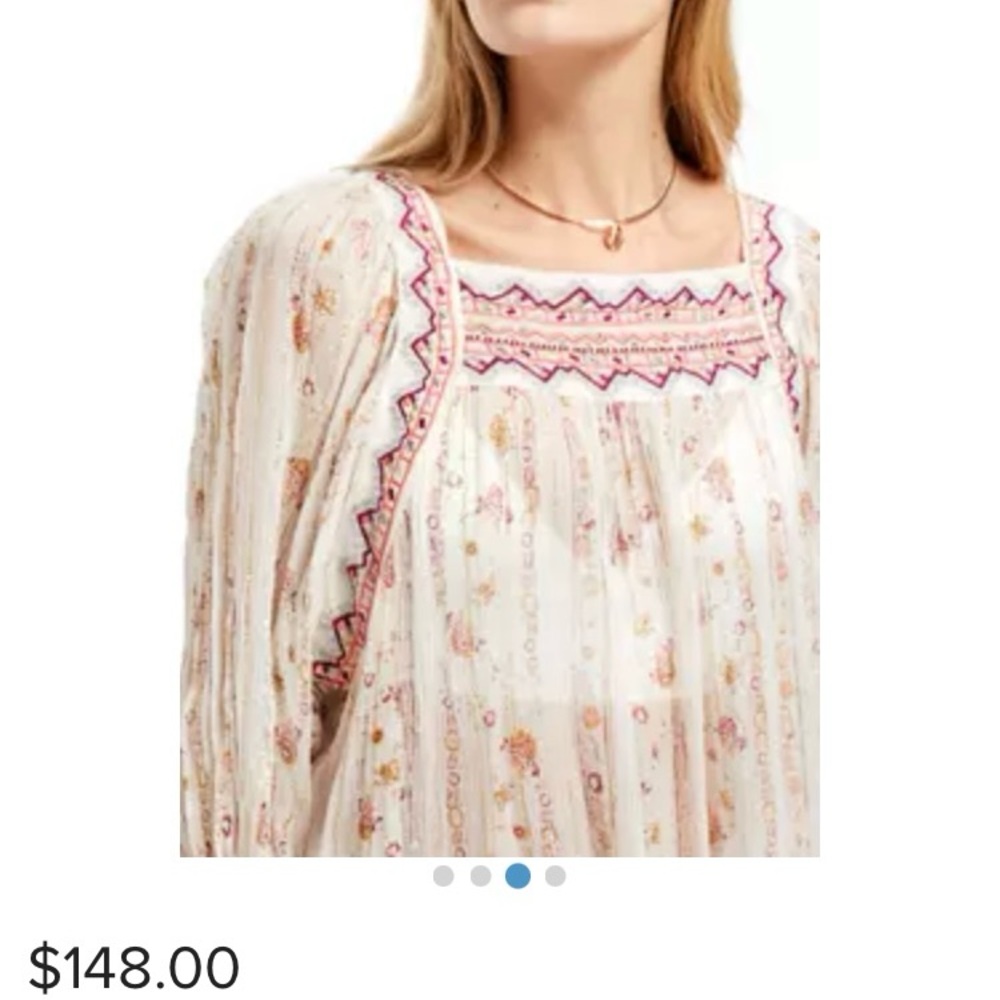 Free People Cream and Pink Embroidered Blouse